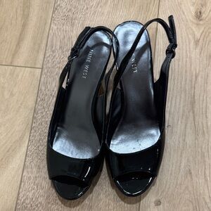 Nine West Glossy Black Peep-Toe Heels